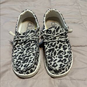 Hey Dude Moccasins in Black and Cream Leopard Print
